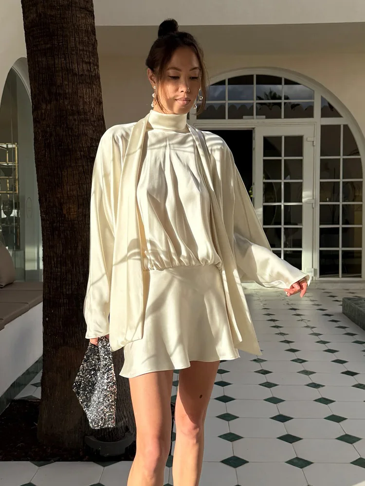 HH レディース 2025 ファッション シルクサテン風 スカーフデザイン 蝶ネクタイ ショートドレス 女性らしい気質 ハイネック 長袖 カジュアルドレス