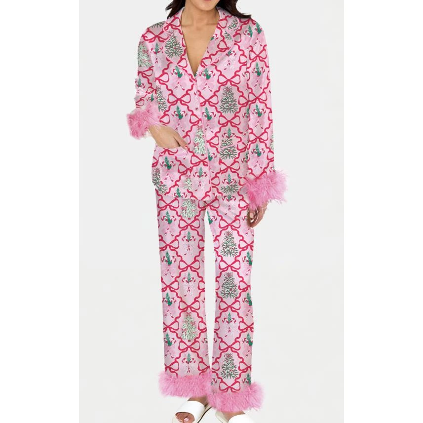 

Christmas Women’s 2 Piece Pajama Set Long Sleeve Bow Print Shirt + Pants Set Loungewear