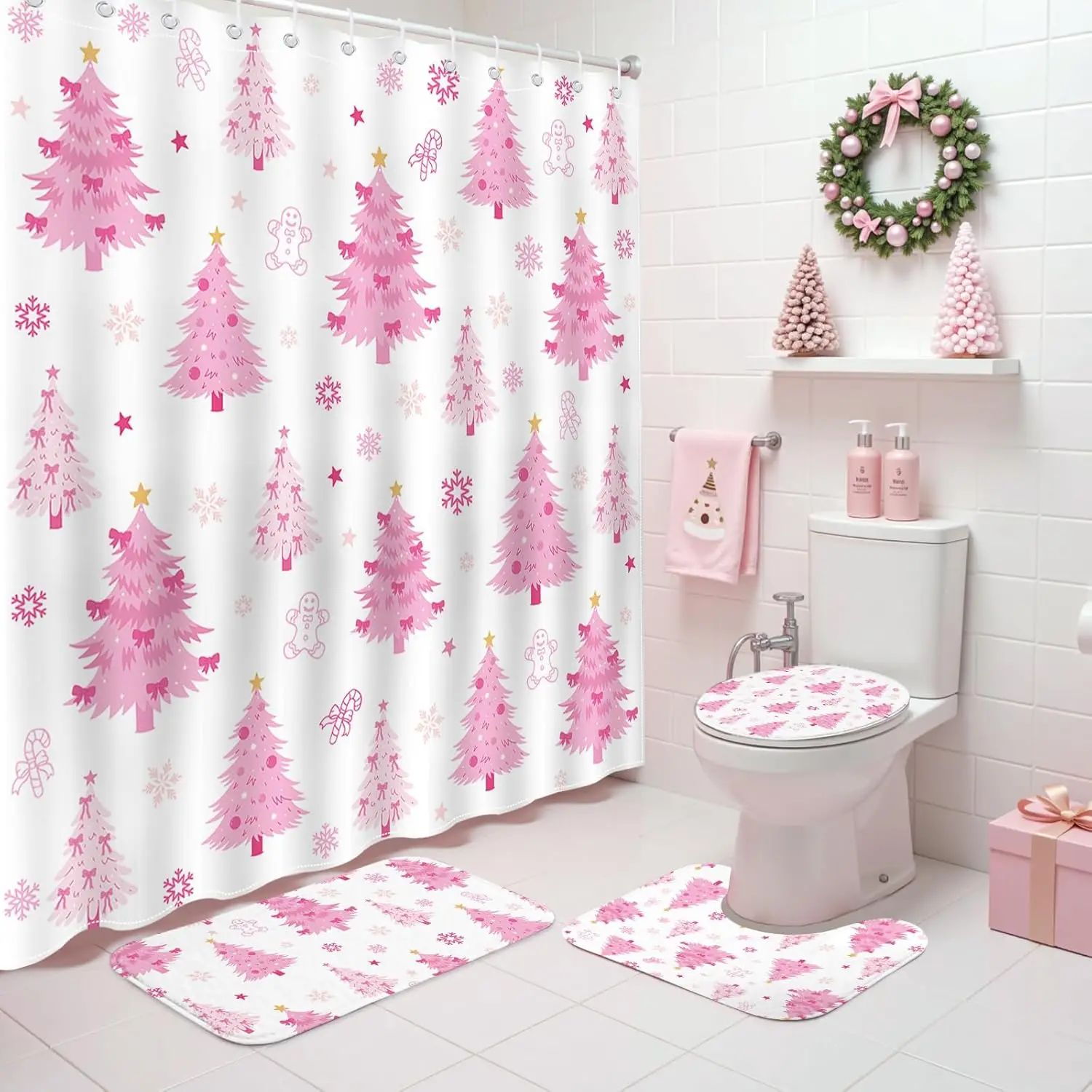 

4 шт., набор рождественских занавесок для душа, милые розовые рождественские елки, набор занавесок для душа с нескользящими моющимися ковриками для ванной, крышкой для унитаза