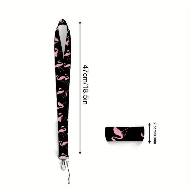Flamingo Print Adjustable Necklace and Keychain - Black with Pink Flamingo Design, Durable Fabric with Metal Clasp