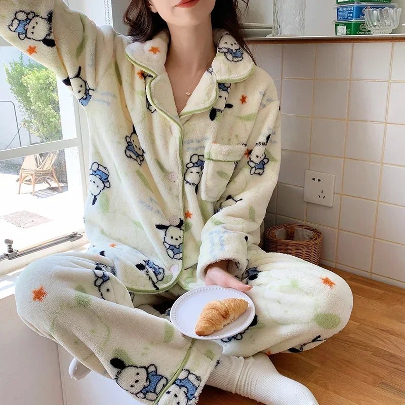 MINISO Sanrio Pochacco Pajamas Cartoon Anime Winter Velvet Thickened Warm Home Clothes Set Student Dormitory Casual Wear Gift