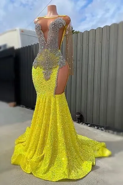 

Sparkly Sequin Mermaid Long Prom Dresses 2026 Yellow Rhinestone Evening Gown Black Grils Birthday Party Gala Dress Customized