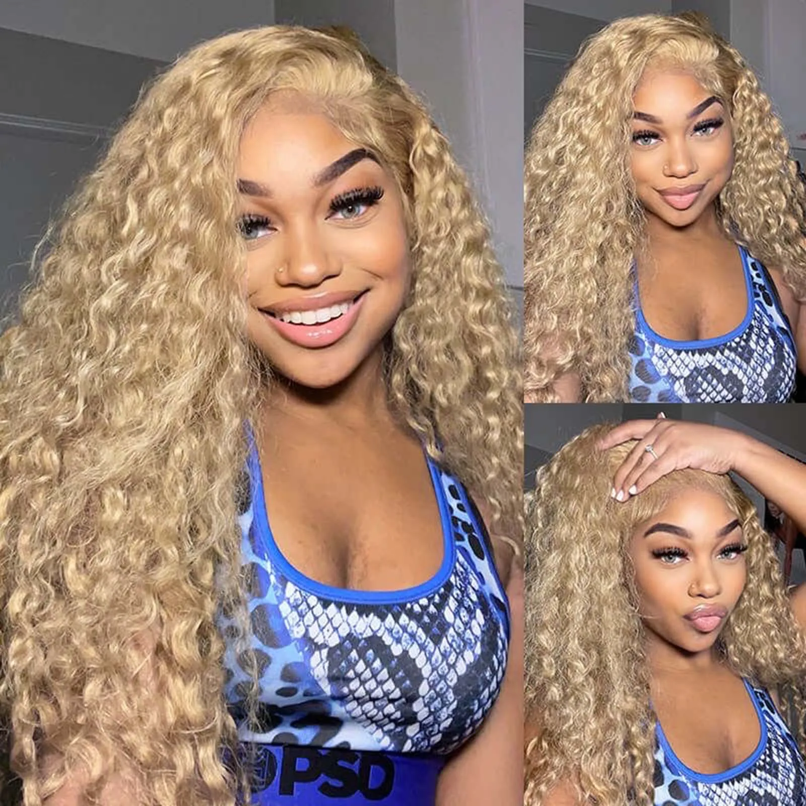 Ash Blonde Wig Long Blonde Curly Wig Synthetic Lace Front Wig Glueless Wigs Ready to Wear Water Wave Curly Lace Wigs for Women