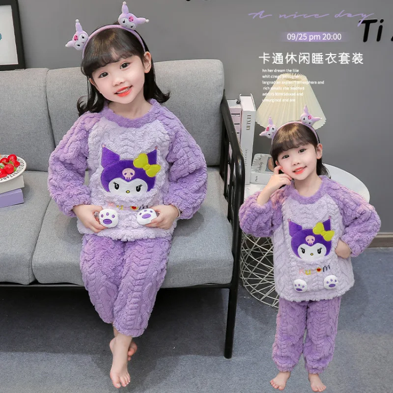 

Горячий пижамный комплект Sanrio для девочек Kuromi Kawaii, модный зимний детский комплект в стиле аниме, теплые утепленные топы, длинные штаны, детская одежда, новинка