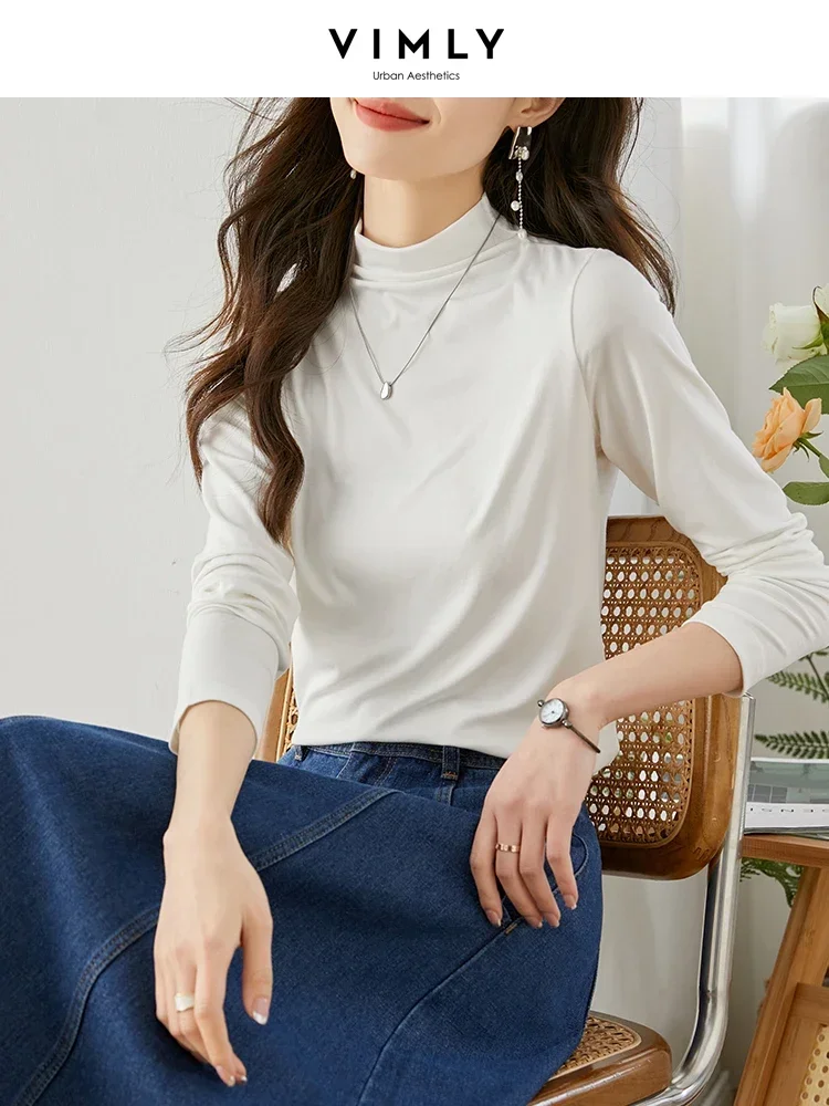 Vimly Women's Thin Soft Turtleneck T-shirt Basic Long Sleeve Tops 2023 Spring Autumn Slim Pullover Tees Female Clothing 71351