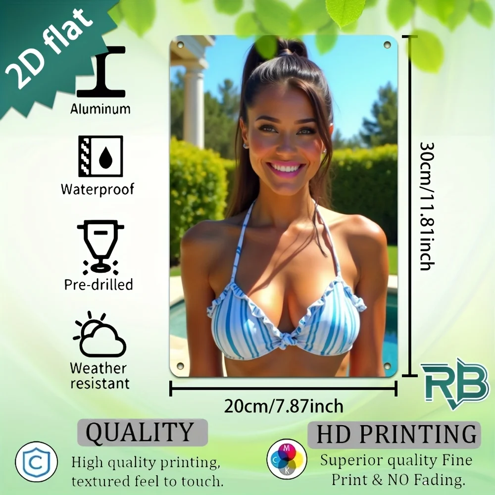Striped Bikini Beautiful Woman Backyard Pool Metal Tin Sign, 2D Flat Summer Vacation Lady Wall Decor Plaque for Garage Bar