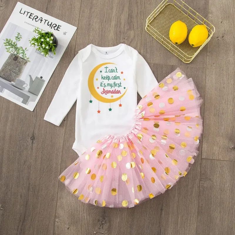 My First Ramadan Girl Baby Dress Baby Romper +Tulle Tutu Skirt Long Sleeve Tutu Dress Set My 1st Ramamdan Newborn Clothing