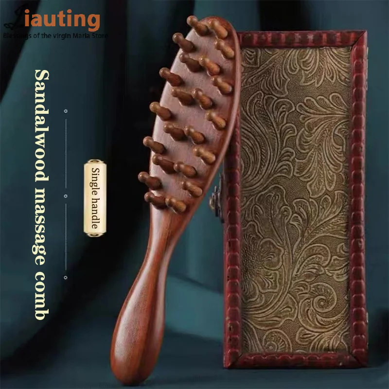 

Golden Sandalwood Comb Head Meridian Comb Natural Sandalwood Long Handle Comb Multifunction Insert Teeth Massage Comb 22 Nails