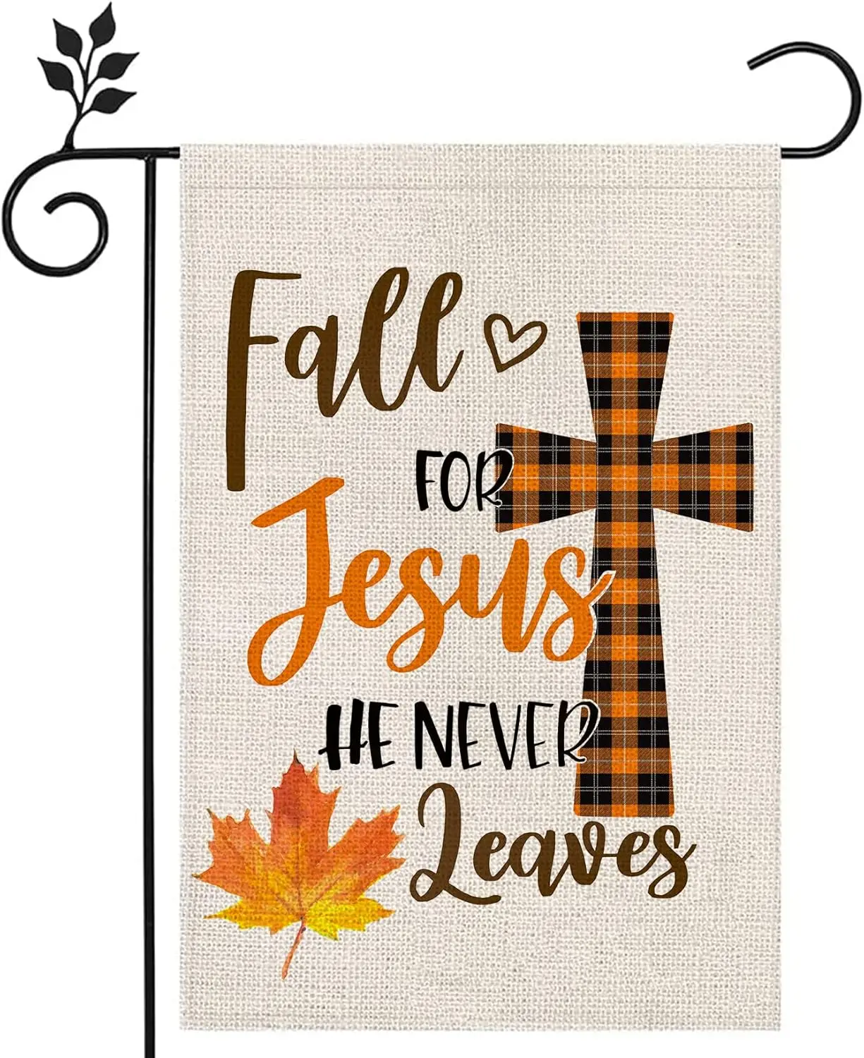 AnyDesign Fall For Jesus Garden Flag He Never Leaves Cross Maple Leaves Buffalo Plaids 12x18 Double Sided Yard Flags for Outside