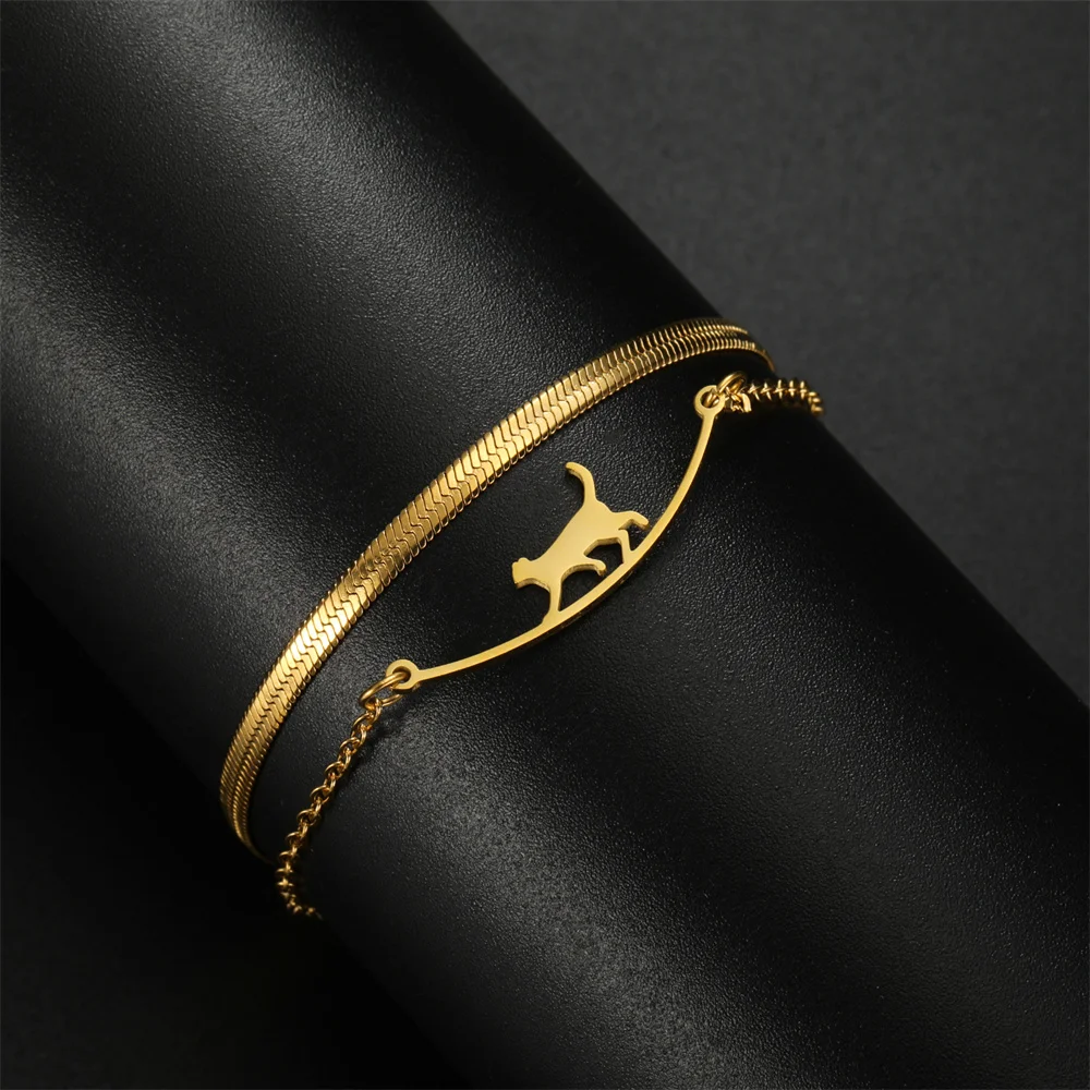 Lazy Walking Cat Pendant Bracelets Snake Chain Double Layers Stainless Steel Bracelets For Women Girls Charms Bangle Jewelry