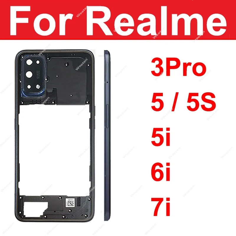 Realme 3 Pro 5 5S 5i 6i 7i 용 미들 하우징, 미들 홀더 프레임 베젤 커버, 측면 단추 렌즈 커버 부품