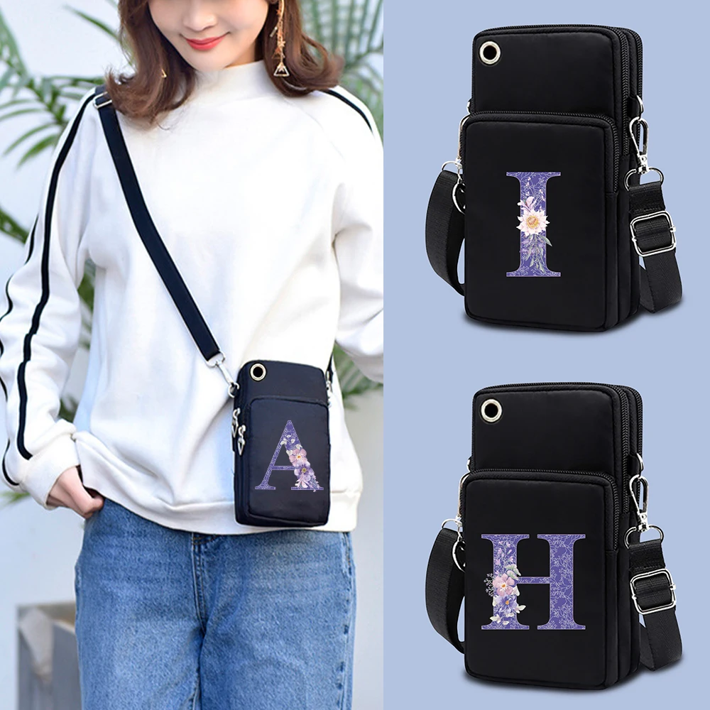 Mobile Phone Bag Unisex Shoulder Pouch Purple Flower 26 Letters Pattern Universal Sport Arm Pack for Samsung/iphone/Huawei