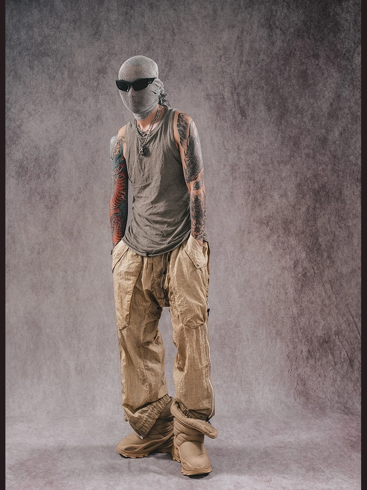 Wasteland Techwear Casual Worn Looking Washed-out Design Ankle-Tied Zipper Trousers Trendy Sports Pants