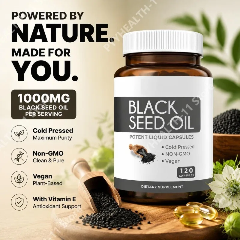 Black Seed Oil 120 Softgel Capsules with Pure Black Cumin Seed Oil 1000mg and Vitamin E - 500mg Each Skin Health Cold-Pressed