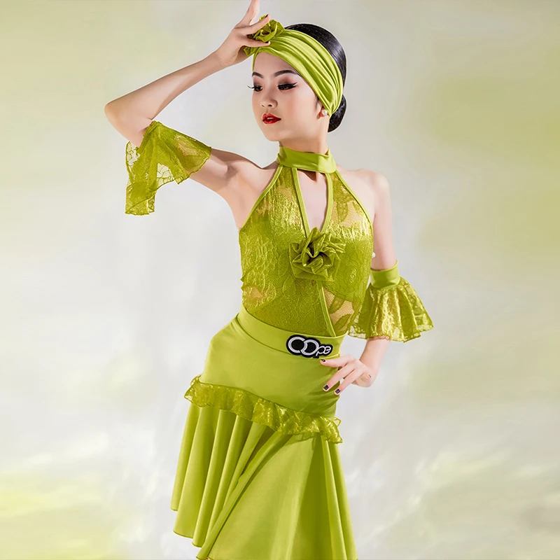 

Summer New Latin Dance Costume Children's Green Waltz Tango Performance Set Girl Ballroom Samba Dance Practice Clothing XH637