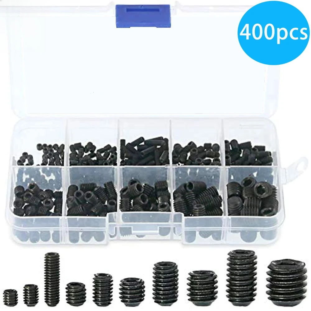 400pcs M3 M4 M5 M6 M8 DIN913 Carbon Steel Black Hex Hexagon Screws Socket Flat Point Grub Bolt Set Screw Flat-end Machine Screws
