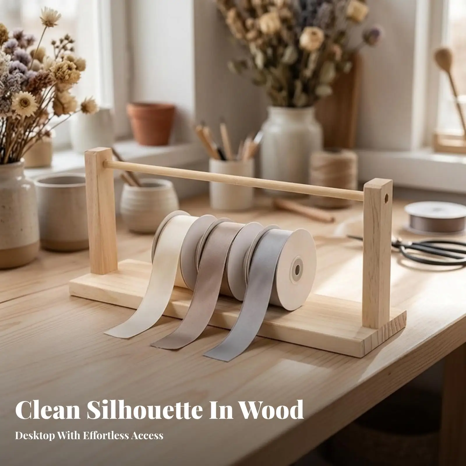 Sturdy Wooden Ribbon Holder Rack for Desk Top Cloth Storage Organizer Spool Storage Shelf Organizer with Light Finish Craft Room
