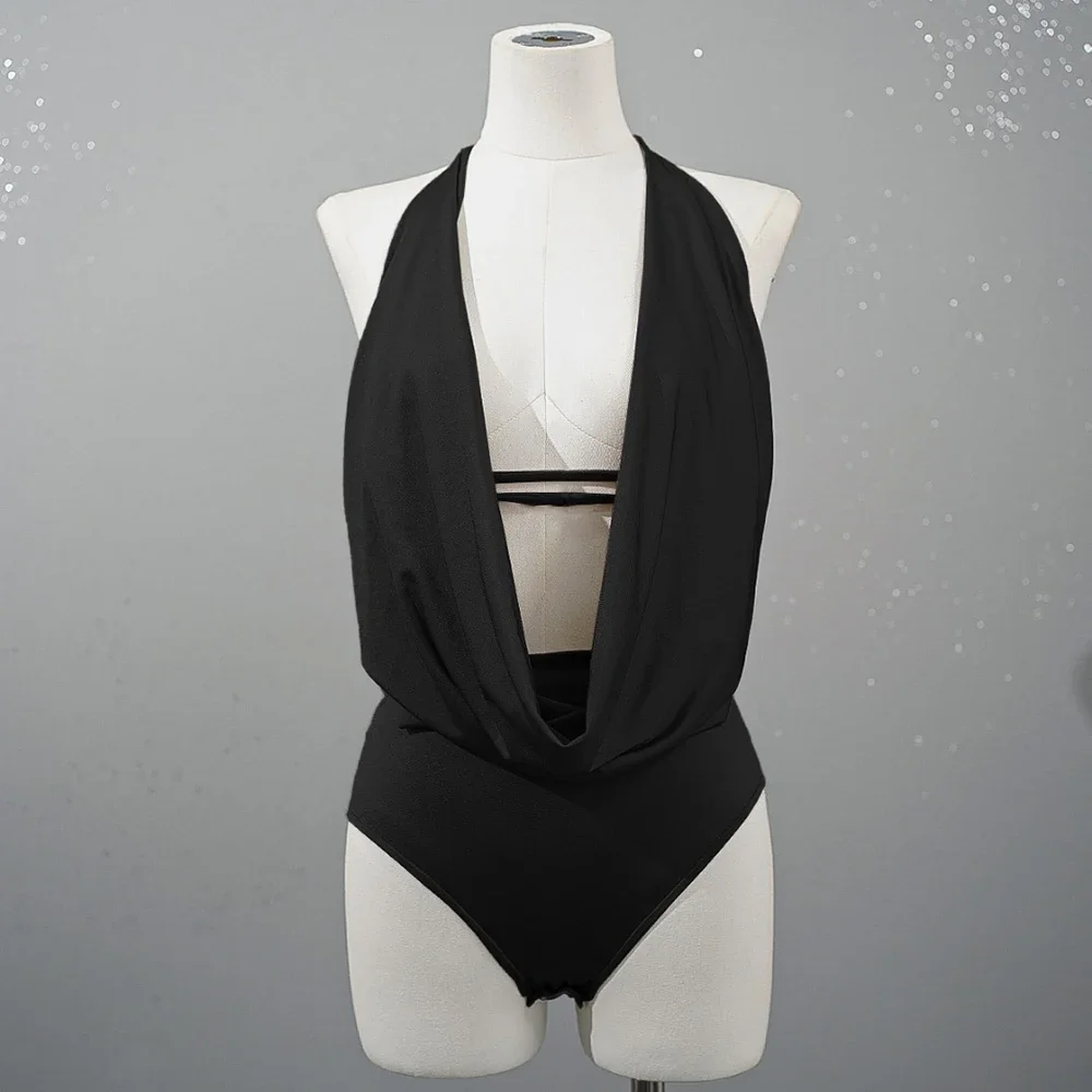 2024 Spring And Summer New Women's T-shirt Y2k Deep V Swing Neck Hanging Neck Tie Backless Bodysuit Casual Peplum Swimsuit Tops