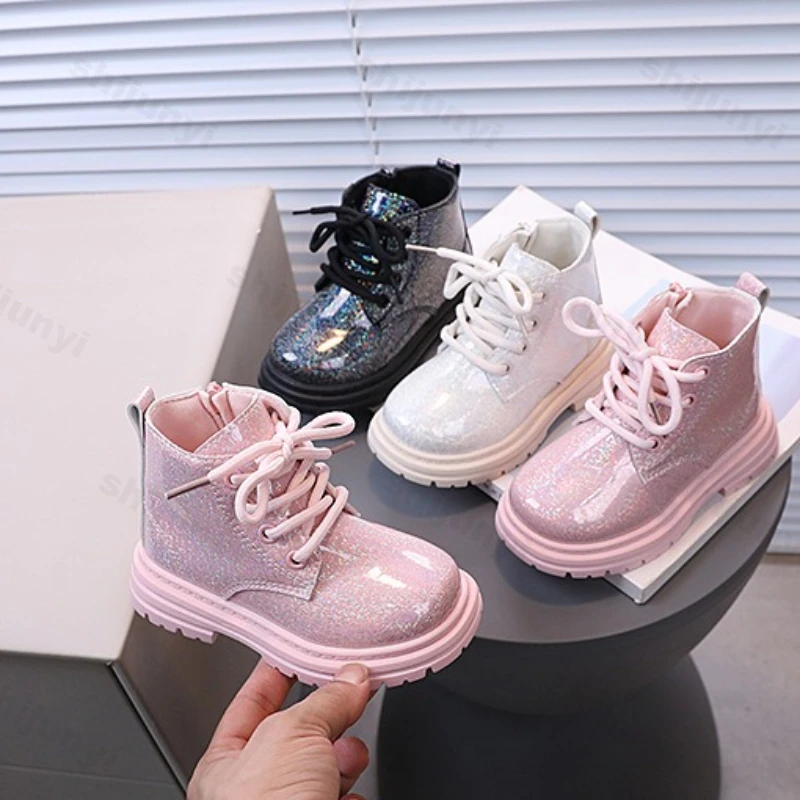 

Children's Fashion Shiny High Top Casual Short Boots 2025 Autumn Girls' Solid Versatile Comfortable Non Slip Chunky Single Boots