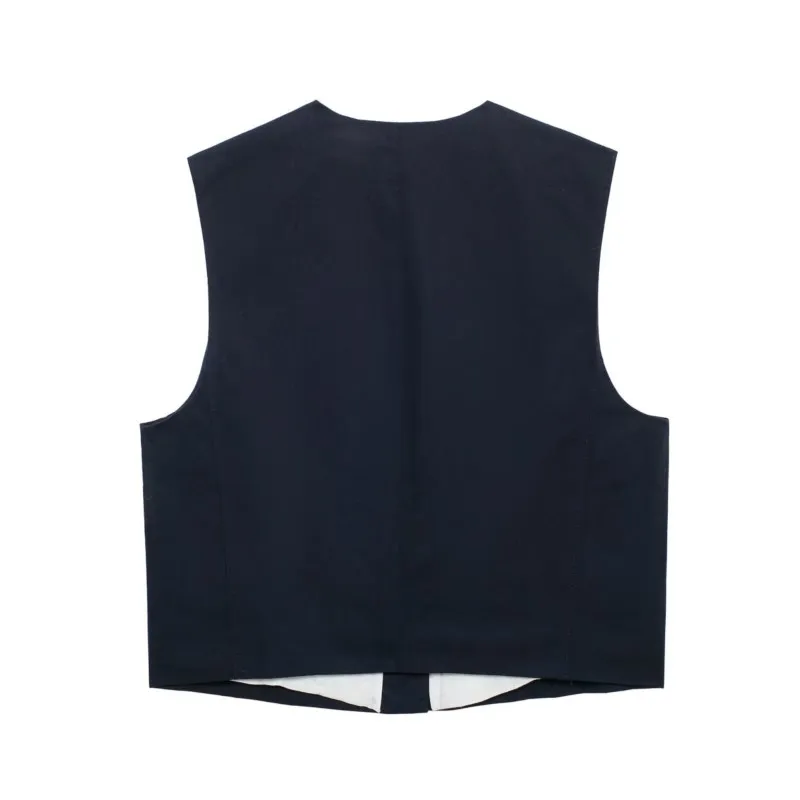 TRAF Woma V Neck Tank Topn Autumn Clothing Fashion Hide Button Pocket Button Waistcoat Casual Sleeveless Vintage Female Tank Top