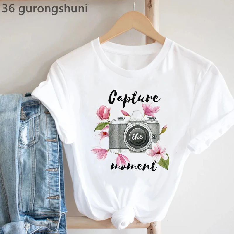 Capture The Moment Camera Graphic Print Tshirt Women Funny Flowers T-Shirt Femme Harajuku Shirt Cool T Shirt Female Dropshipping