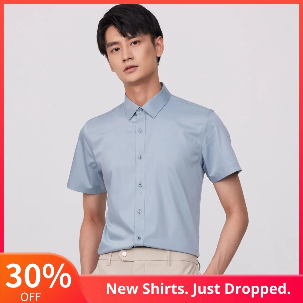 

Мужские летние классические рубашки на пуговицах с короткими рукавами без морщин, 4-сторонняя легкая эластичная вискоза, бамбуковая полосатая деловая повседневная рубашка