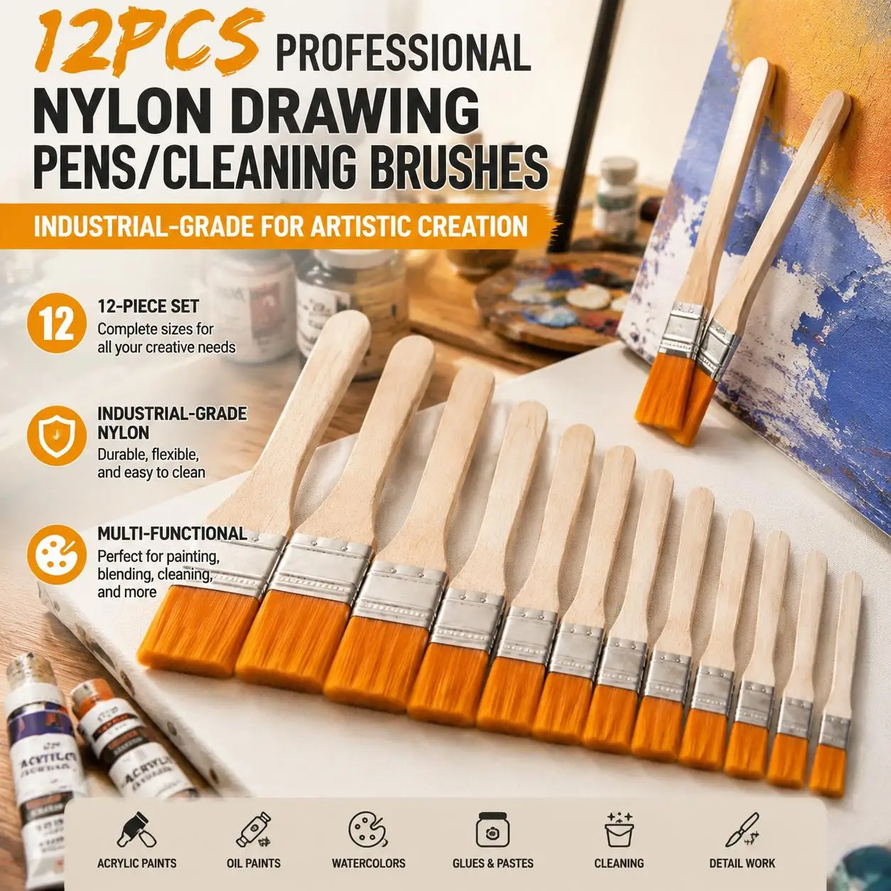 12pcs Nylon Hair Artist Paint Brushes Set for Acrylic Oil and Watercolor Painting with Wooden Handle Art Supplies for Professional Artists and Hobbyists Detail Painting Kit for Miniatures Rock Ceramic Modeling Craft