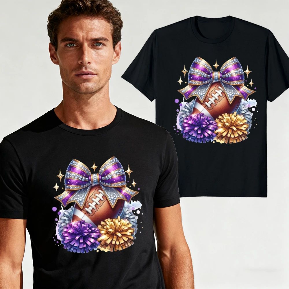 Football Bow Cheer Pom Pom Sparkle Graphic Men Summer T Shirt Sport Game Glitter Art Casual Short Sleeve Top