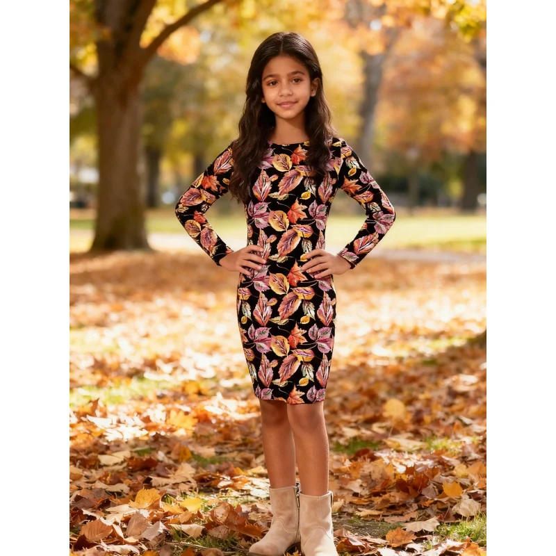 

Girls Autumn Maple Leaf Print Slim Long Sleeve Dress Children's Fashion Atmosphere Dress for 2026