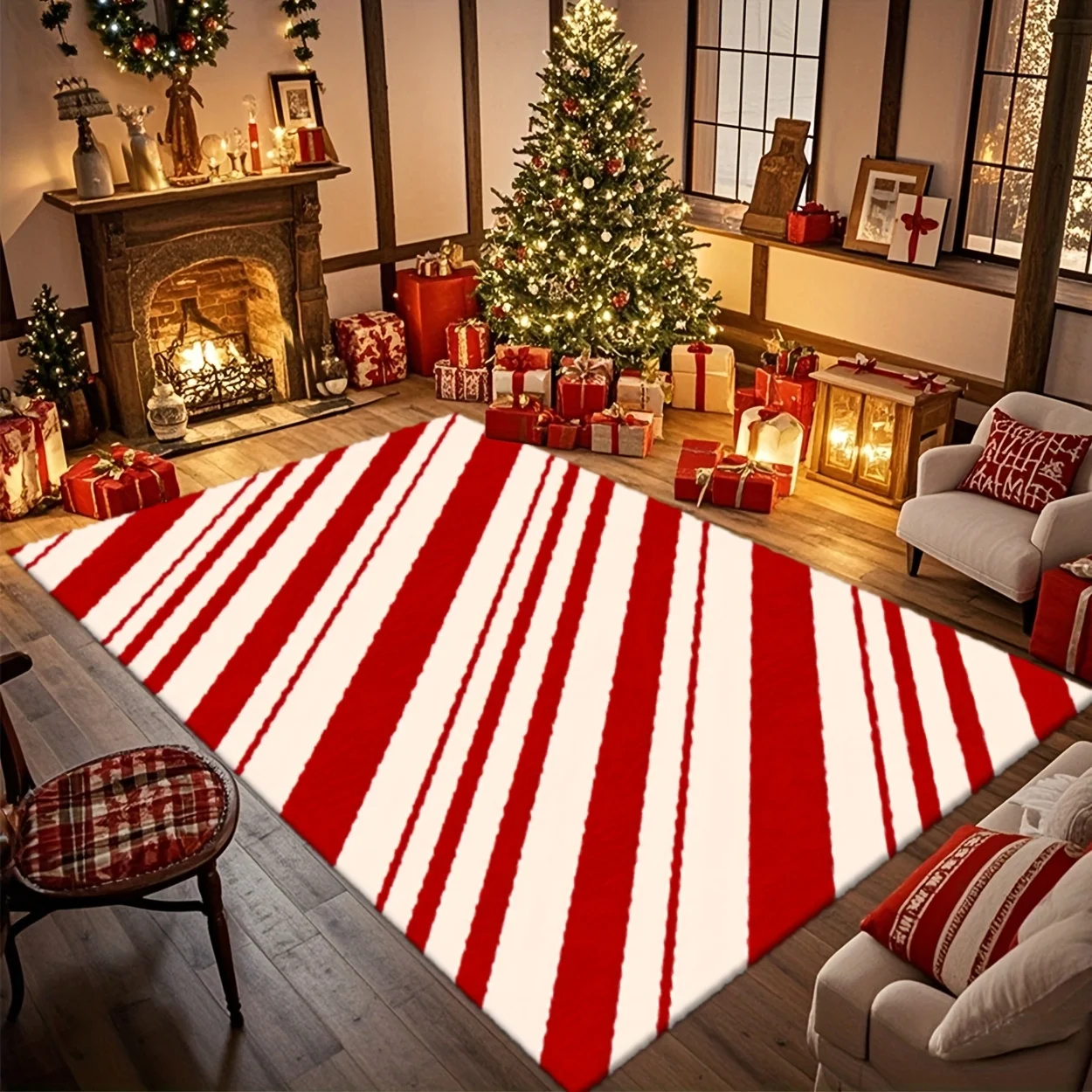 Christmas Red‑White Diagonal Stripe Printed Area Rug, 2D Flat Design, Washable Holiday Decor Floor Mat for Living Room, Bedroom