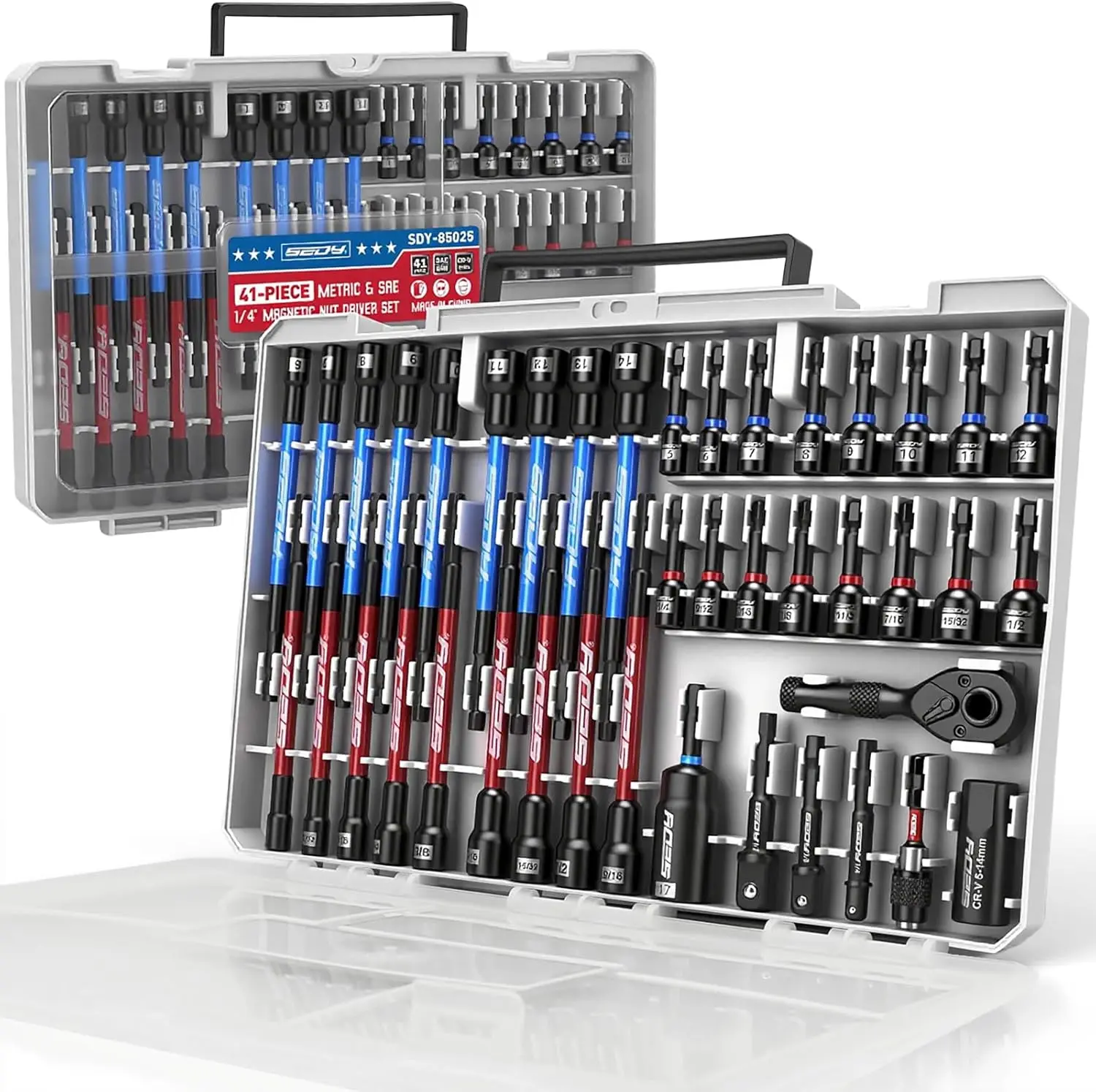 

Набор магнитных ударных гайковертов 1/4 дюйма, 41 предмет, с метрическими и дюймовыми головками, трещоткой и быстросъемным держателем