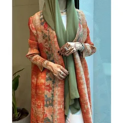 Pleated Fashion Print Trench Coat Women Open Stitch Full Sleeve Lace-up Loose Outwear 2024 Autumn New Windbreaker