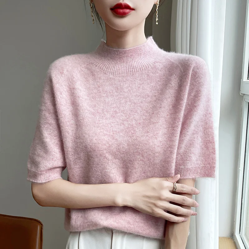 

Wool Short Sleeved Semi High Neck Women's Casual Fashion Merino Knit Sweater With Half Sleeves