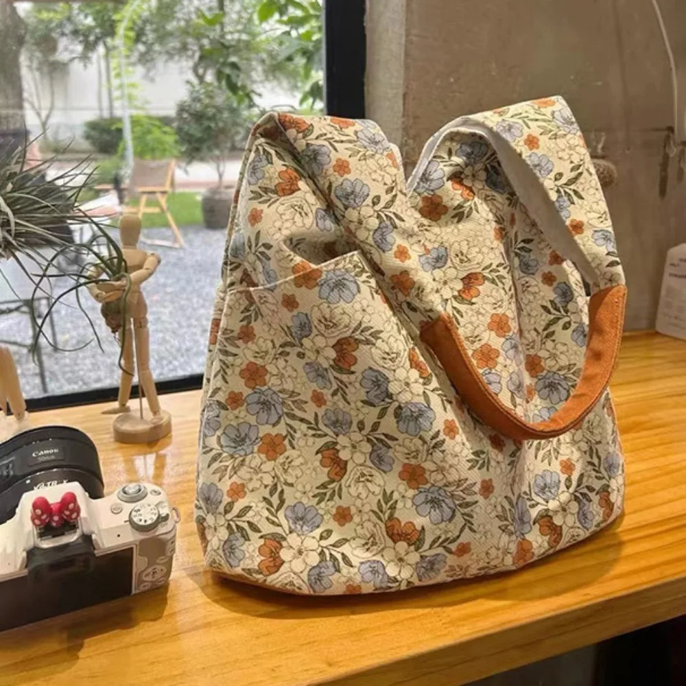 Retro Flower Bucket Bag, Large Capacity Mummy Bag Cute Lunch Bag Canvas Handbag Korean Style Women