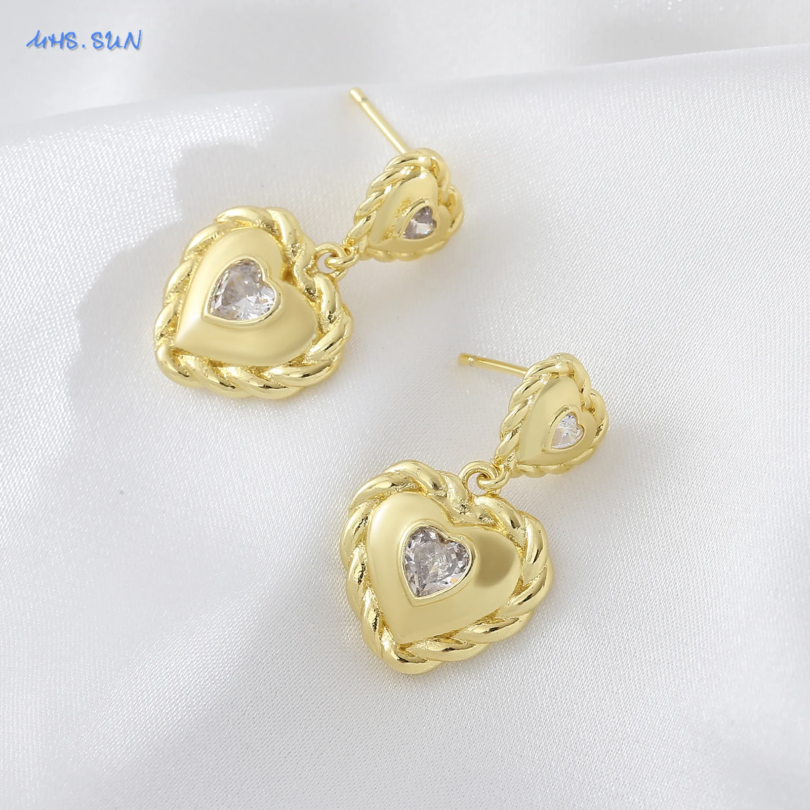 MHS.SUN Creative Double Love Heart Drop Earrings For Women Fashion 22K Gold Plated Zircon Personality Earring Jewelry Party Gift