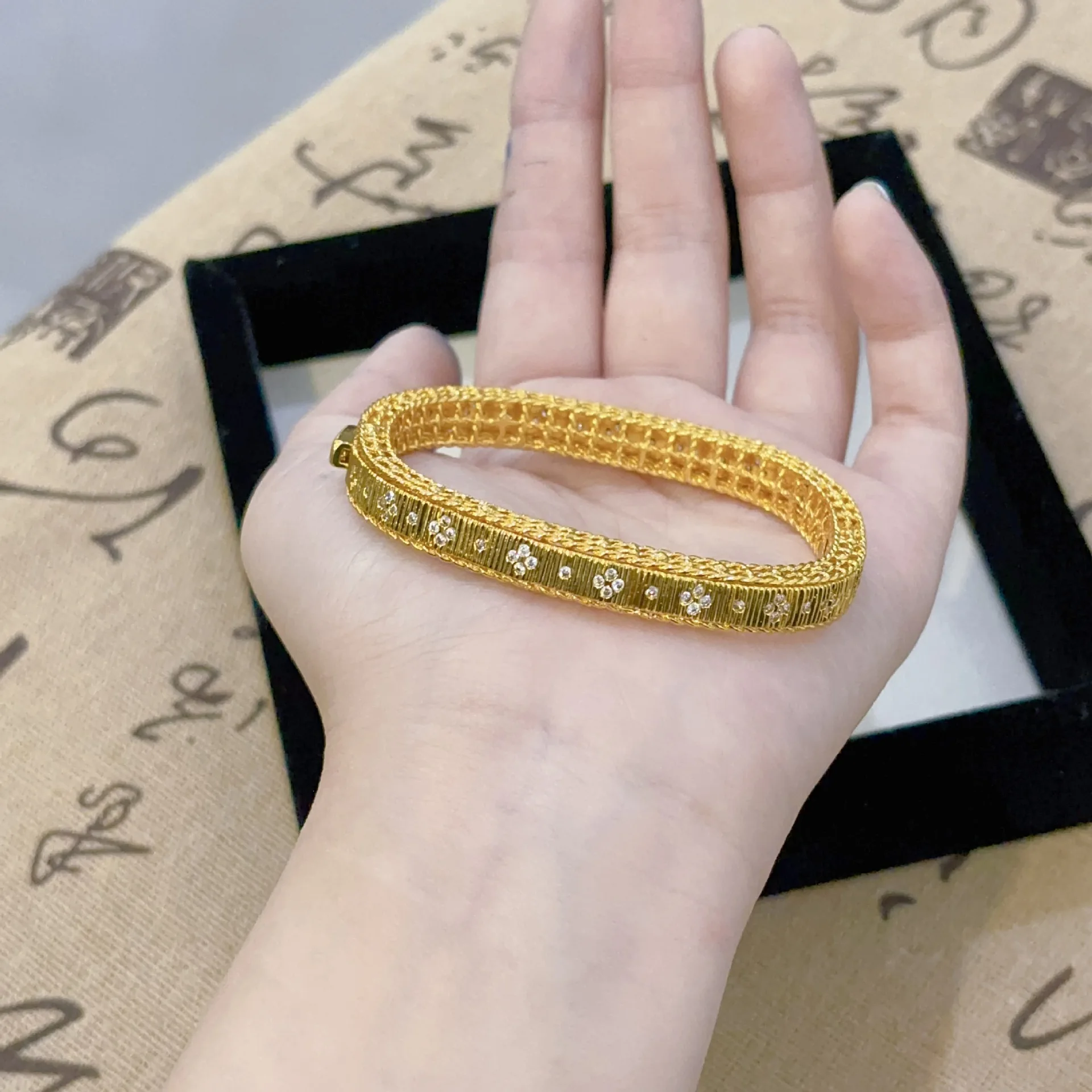 Luxury 24K 9999 Pure Gold real gold Women's Brushed Diamond Buckle Bracelet Square Stud Earrings - Image 3