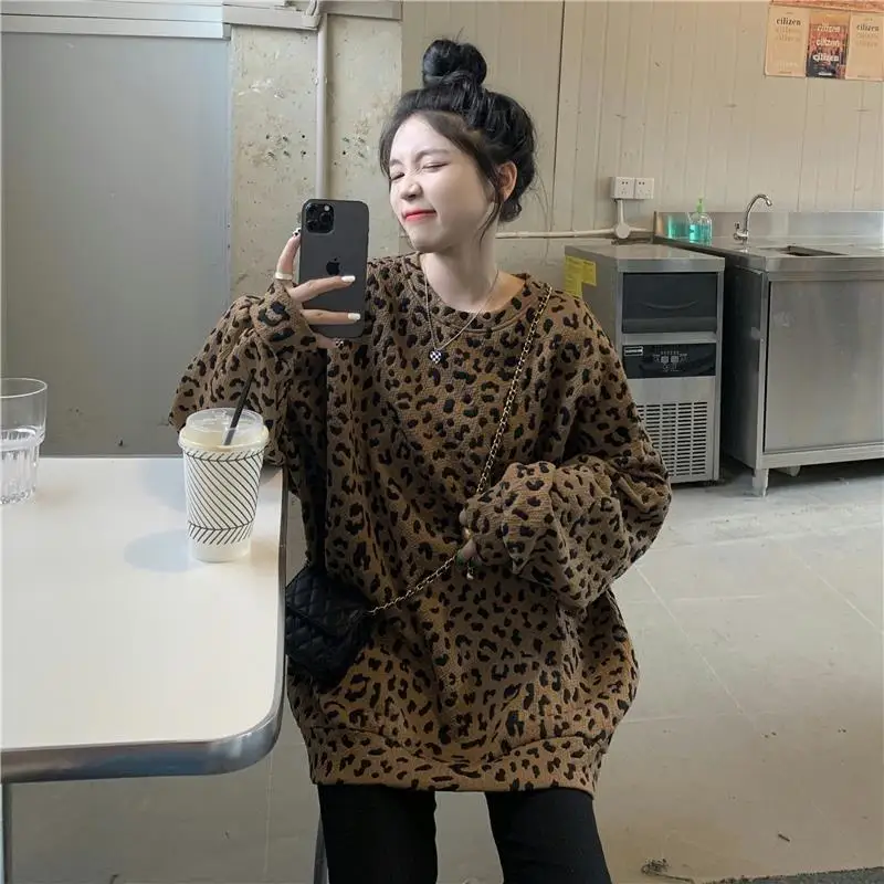 Trend Leopard Thick Loose Sweatshirts Femme Korean Pullover O-neck Long Sleeve T-Shirt Autumn Winter 2023 New All-match Top Tee