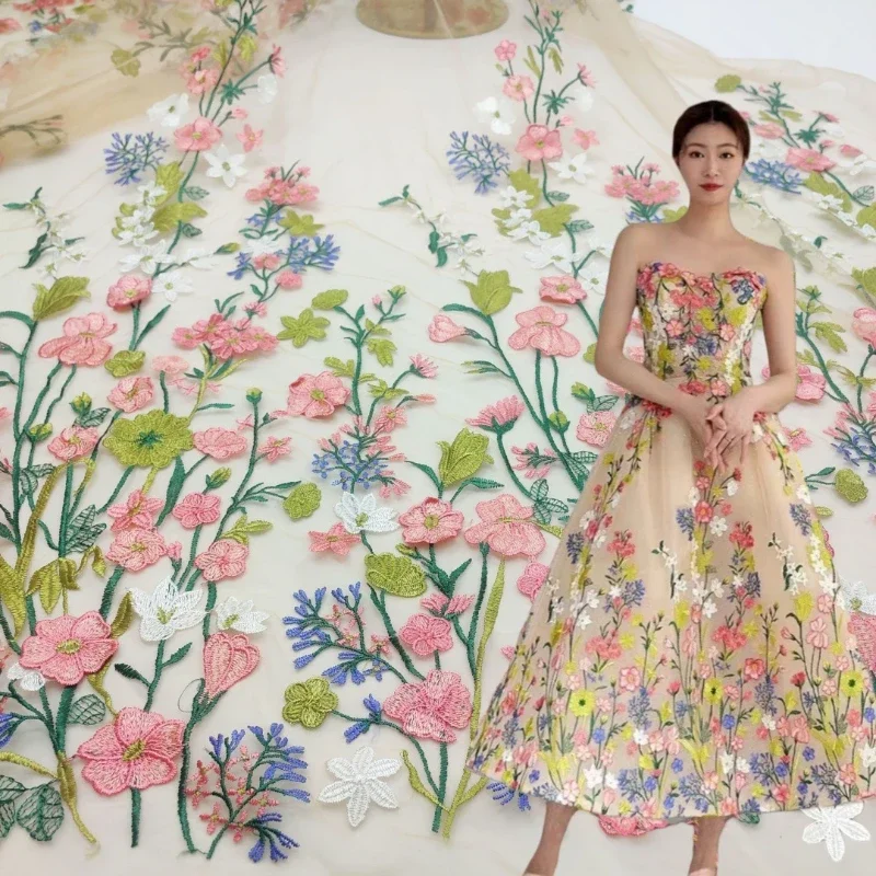 New Mesh Multi-color Embroidered Fabric Three-dimensional Exquisite Wedding Dress Performance Suit Fabric