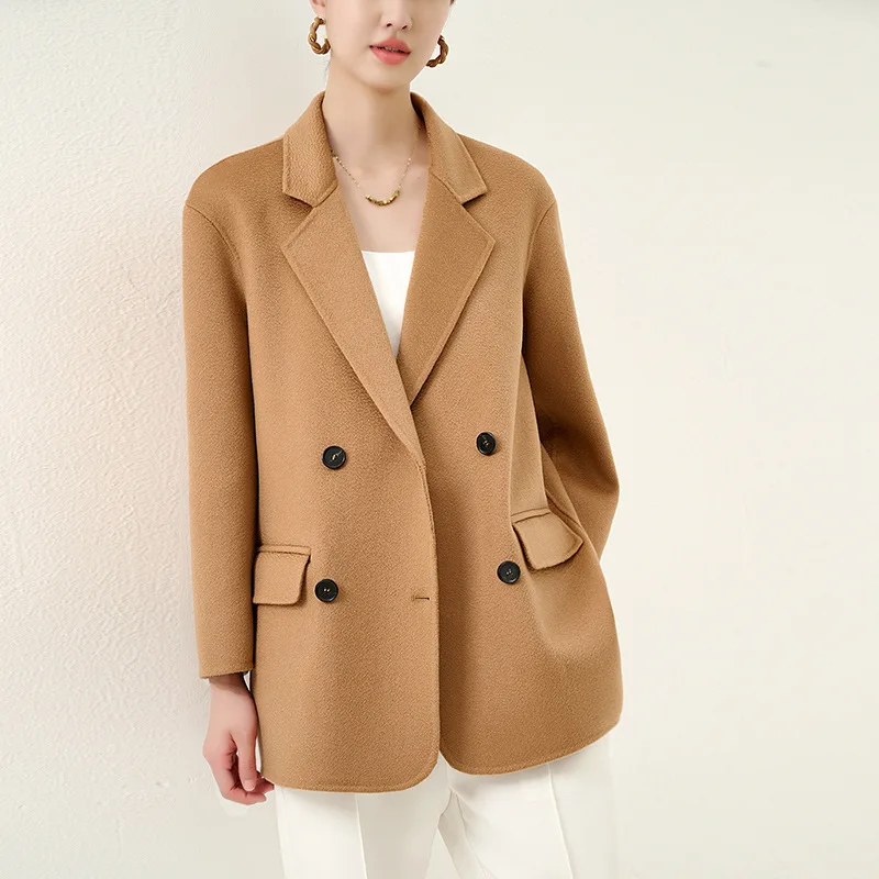 

2023 100% Cashmere Coat Women Short Camel Coat Female Winter Sand Small Suit Double Sided Cashmere Coat Black Temperament Commut