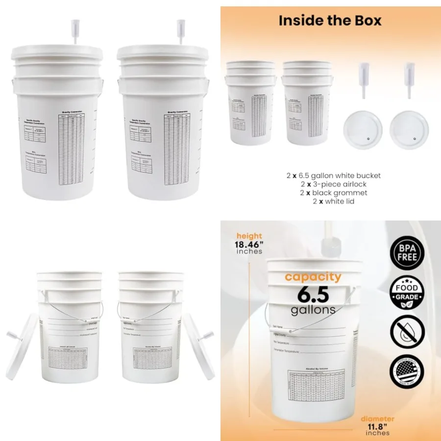 

6.5 Gallon Fermentation Bucket with Lid Airlocks White BPA-Free Food-Grade HDPE Brew Buckets with Grommeted Lids for Beer, Wine