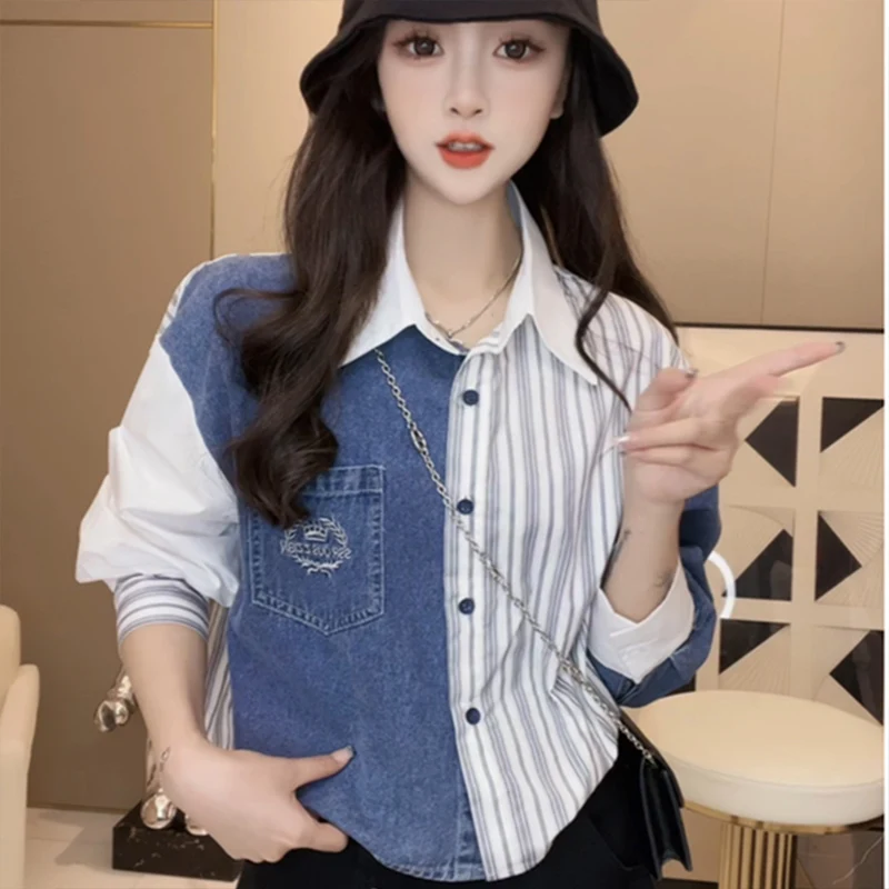 

Korean Version Patchwork Denim Long Sleeved Shirt for Women's Spring Autumn New Fashionable Casual Loose Unique Versatile Shirt