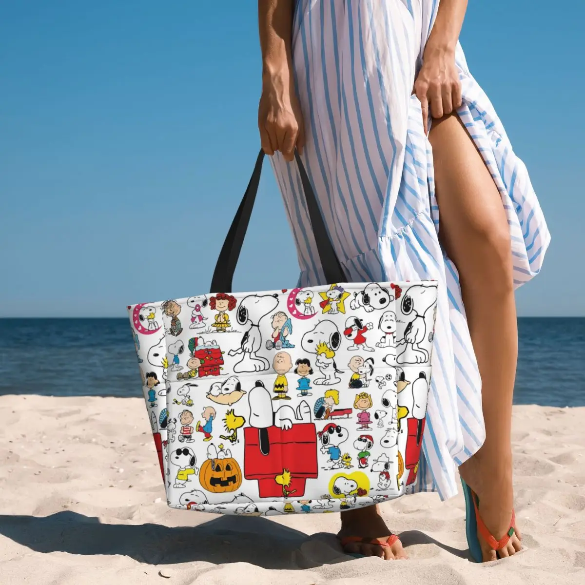 Niestandardowe komiksy Snoopy Collage Beach Tote Bag Women Cartoon Big Compartment Beach Gym Travel Bags