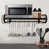 53cm Kitchen Wall Shelf Stainless Steel Microwave Oven Storage Holder Hooks Sundries Organizer Cabinet Household w/ 6 Hook