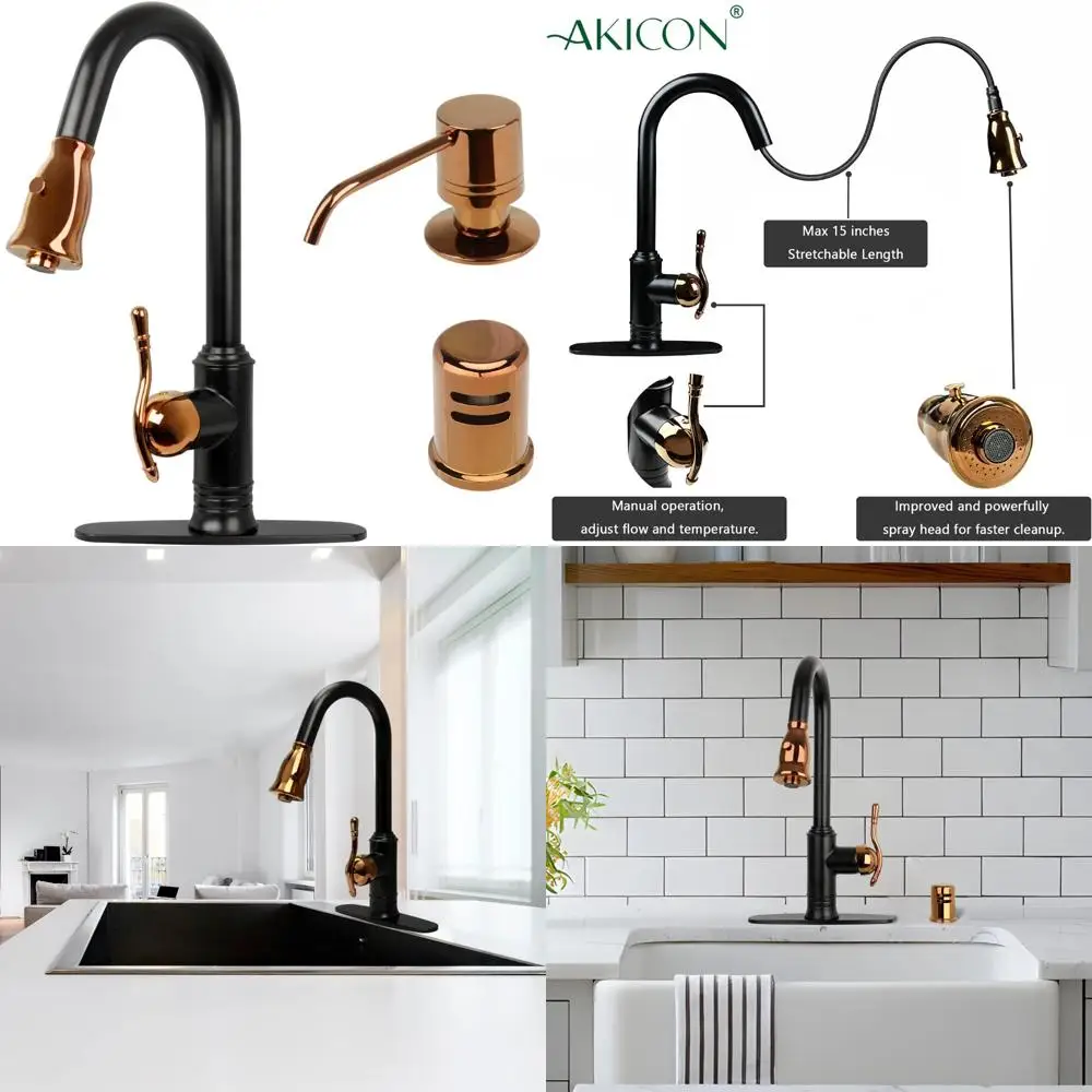 

Pull-Down Sprayer Single Handle Two-Tone Brass Kitchen Faucet with Soap Dispenser, Air Gap, and Deck-Mounted Design