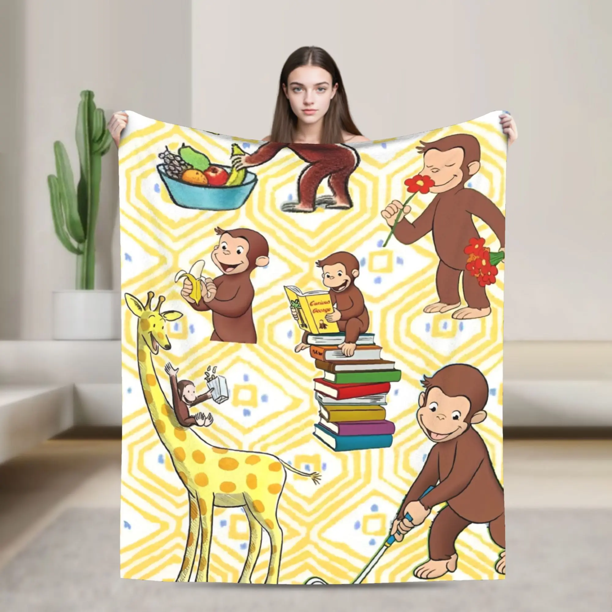 Curious George Cartoon Monkey Knitted Blanket Flannel  Ultra-Soft Throw Blankets for Airplane Travel Bedroom Quilt