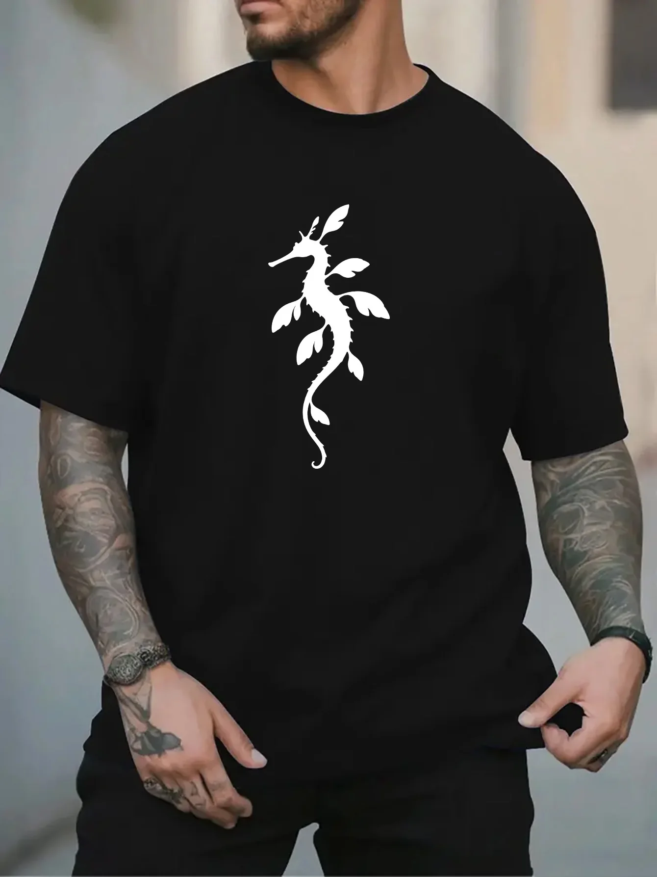 Fashion Mens Black Basic Tee Single White Leafy Sea Dragon Silhouette Ocean Creature Minimal Art Casual Short Sleeve Shirts