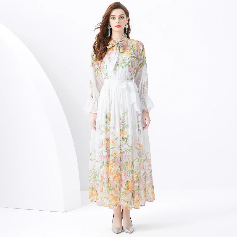 

Vacation - Pastoral Style Ruffled Ribbon Gathered Wide Hem Printed Dress Set of Four