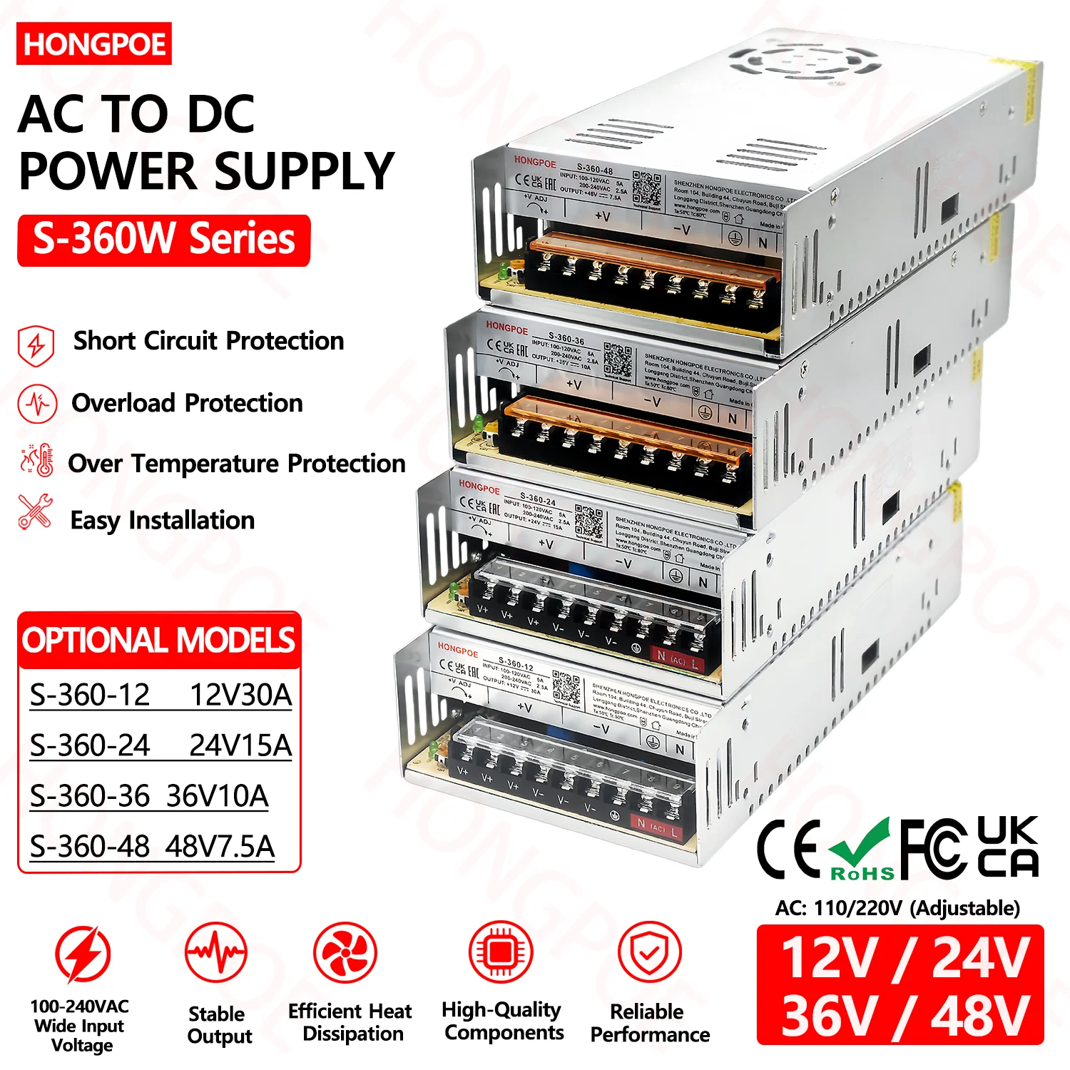 S-360W Switching Power Supply Adjustable Transformer 12V/24V/36V/48VDC 30A/15A/10A/7.5A 110/220V AC for Motors Battery LED CCTV