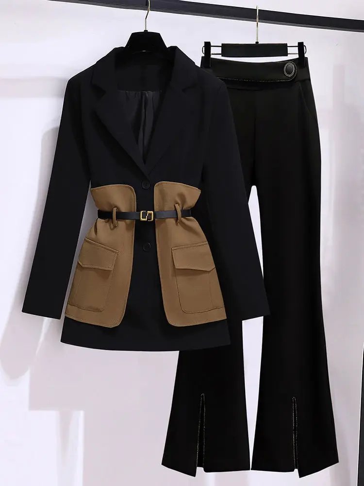 2023 Spring Belt Decorative Patchwork Jacket Blazer Casual Expansion Crying Two-piece Elegant Women Pants Suit Office Outfits