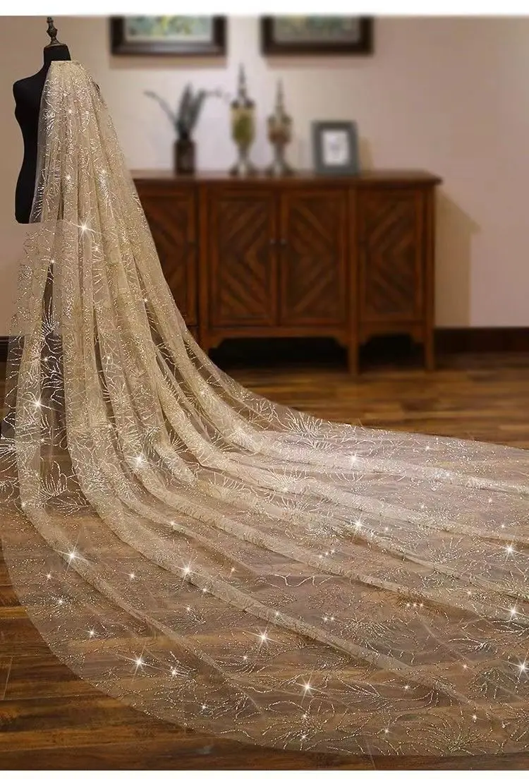 Véu de casamento cor champanhe, véus nupciais, borda do dedo, camada única com pente, longo véu brilhante da noiva, 3m